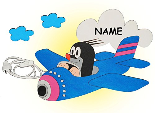 alles-meine.de GmbH Wandlampe aus Holz - der kleine Maulwurf - Pauli - im Flugzeug incl. Namen - Lampe mit Schalter für Kinder - Kinderzimmer Kinderlampe Wandleuchte mit Stecker ..