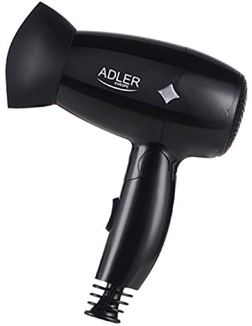 ADLER AD2251 Secador Pelo de Viaje, Plegable, Compacto, 2 Niveles de Potencia, Boquilla Concentradora 360º, 1400W, Negro