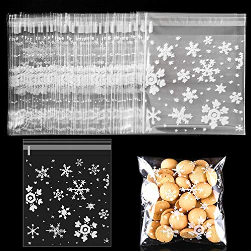Faburo Lot de 100pcs Sachets d'emballage Flocon de Neige Blanc Sacs à Bonbons Sac Biscuit Pochettes pour Cookies Biscuits Bonbons Noël