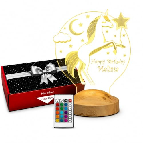 Geschenkelampe Einhorn Personalisierte LED Lampe mit Namen, Individuelles Nachtlicht mit Gravur als Taufgeschenk oder Geburtstagsgeschenk für Mädchen und Kinder, Kinderzimmer, Energieklasse A