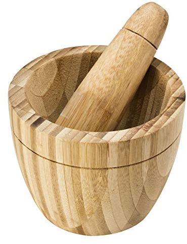 Mortero de bambú con mano – 11,5 x 10 cm – Mortero de cocina triturador de especias