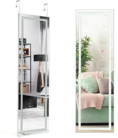 COSTWAY Miroir Pleine Longueur LED, Grand Miroir LED pour Porte 120 cm x 37 cm, Miroir Lumineux Mural avec Cadre en MDF, Fixation sur Porte ou Murale, Lumières LED Réglable sur Trois Couleurs, Blanc