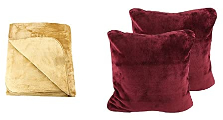 AmaGo Wohn- und Kuscheldecke, Cashmere-Feeling, Sand, 180 x 220 cm, 40024-70-8020 & Kissenbezug 2er-Set, Cashmere-Feeling, 50 x 50 cm, Bordeaux, 40133-33-A2