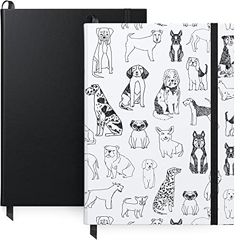 ARTEZA Notizbücher liniert, Hardcover Notizbuch 2er Set, 15,2 x 20,3 cm, je 96 Blatt, Hunde Design und einfarbig Schwarz, 2x Notizbuch liniert mit glattem Papier, Zum Planen, Schreiben und Skizzieren