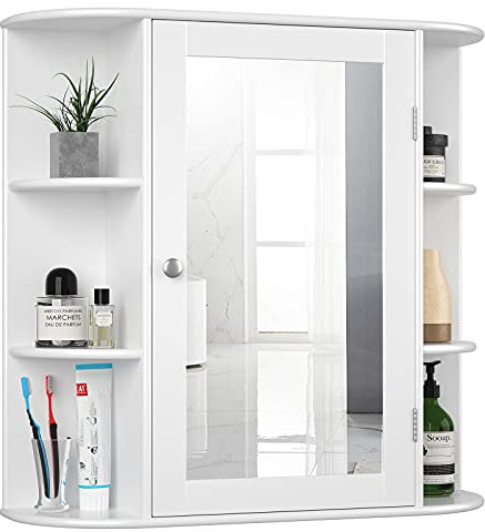 COSTWAY Bathroom Mirror Cabinet, Single Door Wall Mounted Storage Cupboard with Adjustable Shelves, Home Office Living Room Display Organiser Unit (White, 65 x 17 x 64cm)