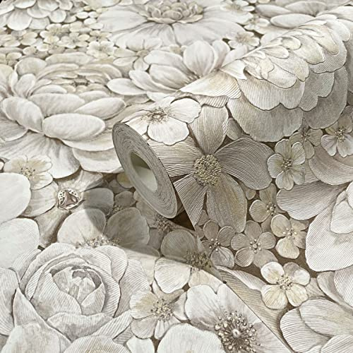 marburg Tapete greige Blumen Blätter Floral hochwertige Vliestapete Für Wohnzimmer Schlafzimmer oder Küche 10,05 x 0,53m Premium Qualität Made in Germany