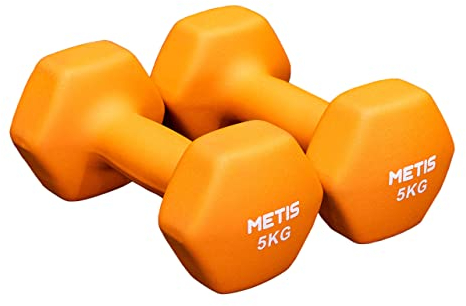 METIS Neoprene Hex Dumbbells | Pair of Anti-Roll Dumbbells with Non-Slip Grip – Ergonomic Design for Strength Training & Home Workouts – Available in 17 Weight Options (5kg (Pair))
