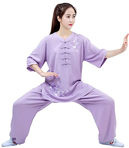 ERNP Qigong vêtement Femme Été Élégant Manches Courtes Lin Coton Chi Costume Taichi Quan Pantalon Chi Quan Pratique Broderie