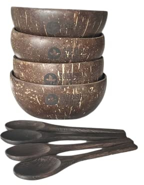 Cherish Planet Real Coconut Shell Bowl with Wooden Spoons Set (4)