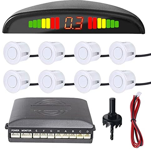 MOCNT Auto Sensori di Parcheggio 8 Sensore Posteriore Parcheggio Kit Sistema Radar Parcheggio in Retromarcia Allarme Sonoro Distanza LED Display Radar Inverso Bianco