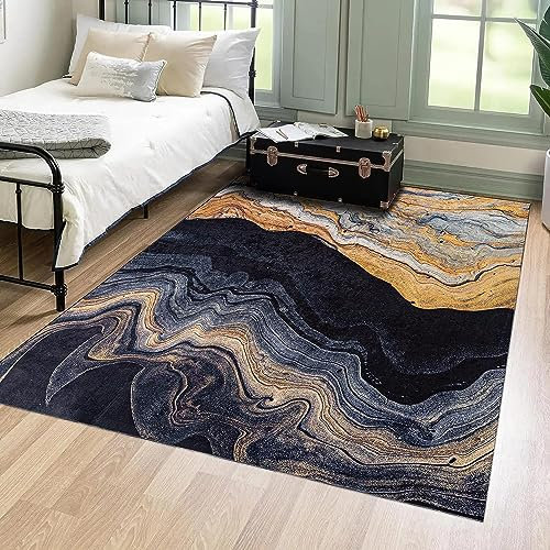 Mazovia Modern Teppich - Kurzflor Waschbar - Weich Teppich für Wohnzimmer, Schlafzimmer, Esszimmer – Teppiche Marmor Abstrakt Muster - Schwarz Gold 200 x 300 cm
