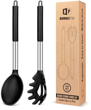 BUNDLEPRO Silicone Pasta Fork and Cooking Spoon Set, Non Stick Kitchen Utensils for Cooking,Stirring,Serving Spaghetti, Soup, Sauce(BLACK), FB-1059-BLACK