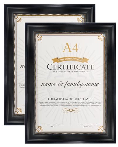 GraduationMall A4 Diplom Rahmen Bilderrahmen Dokumentenrahmen Profi Holzoptik Echtglas Schwarz mit Gold Perlen Echtes Glas Wand- & Tischrahmen 2er Set