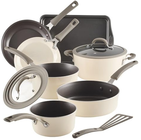 Rachael Ray Cook + Create - Juego de ollas y sartenes antiadherentes, incluye bandeja para hornear y utensilios de cocina, 10 piezas, almendra