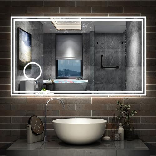 Bluetooth LED Bathroom Mirror with Lights, Magnifying 1200x700mm Bathroom Mirrors with Dimmable 3 Colors, Demister Pad, Anti-fog, Clock, Illuminated Wall Mounted Vanity Mirror Horizontal/Vertical