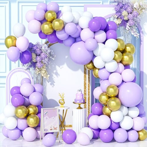 Teselife 150 Pezzi Kit Arco di Palloncini Viola, Kit Ghirlanda Palloncini Viola Scuro Bianco Metallizzato Oro per Compleanno Baby Shower Matrimonio Anniversario Carnevale per Feste Forniture Decor