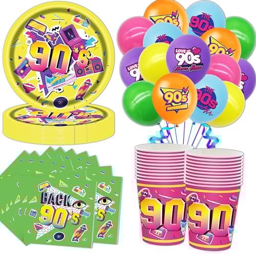 Shamoparty Décoration de Fête des Années 90 - Vaisselle Avec Ballons, Assiettes de 22,8 cm, Gobelets en Carton, Serviettes - Pour Fournitures