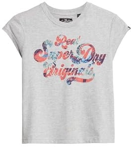 Superdry Damen Geblümtes T-Shirt mit Schriftzug und Flügelärmeln Flocken Grau Meliert 38