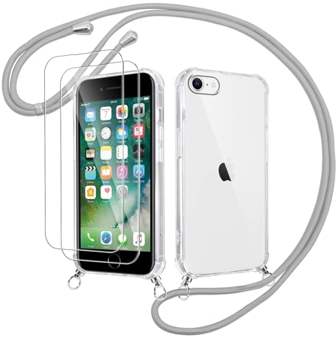 Votvloay Handykette Handyhülle für iPhone 8/7/SE 2020/SE 2022 4,7 Hülle mit Band - mit 2 x Schutzfolie, Transparent Case mit Kordel zum Umhängen, Weich Silikon TPU Stoßfest Schutzhülle Cover, Grau