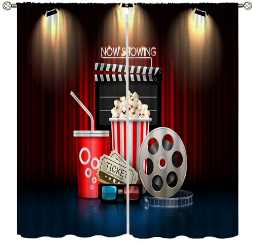 Filmkinovorhänge, Vintage-Stil, rot, für Kino, Showtimes Popcorn, Kino, Tickets, Filme, Verdunkelung, Fensterbehandlungen, thermisch isolierte Vorhänge mit Stangentaschen, für Jungen und Mädchen,