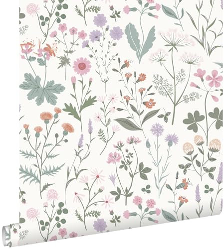papier peint fleurs des champs violet, rose et vert 0.53 x 10.05 m - ESTAhome
