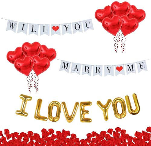 Umimiss Antragsdekorationen - Will You Marry Me & I Love You Banner, Herz Luftballons, Rosenblätter & Verlobungsdekorationen in Rot