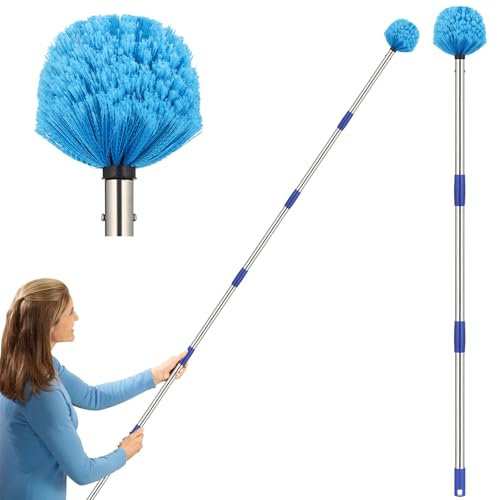 Spolverino per ragnatele con asta di prolunga, spazzola per ragnatele da esterno con manico lungo 1,8 m, rimozione di ragnatele in metallo per ventilatori di soffitti alti, pulizia interna, spazzola