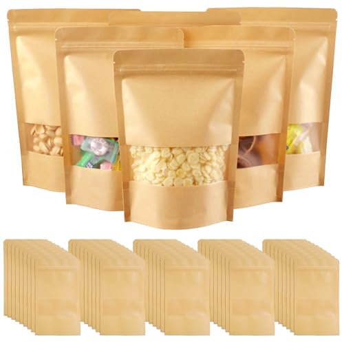 50 Piezas 12x20cm Bolsa de Papel Kraft con Ventana,Brown Kraft Paper Bags Reutilizables,Bolsas Hermetica Kraft con Ziplock Stand Up,Bolsas Papel Bocadillos para Hogar o Negocio Guardar Alimentos