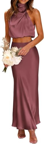 Abiti da Donna in Raso 2 Pezzi Estate Senza Maniche Mock Collo Crop Top e Gonna Lunga Abito Set