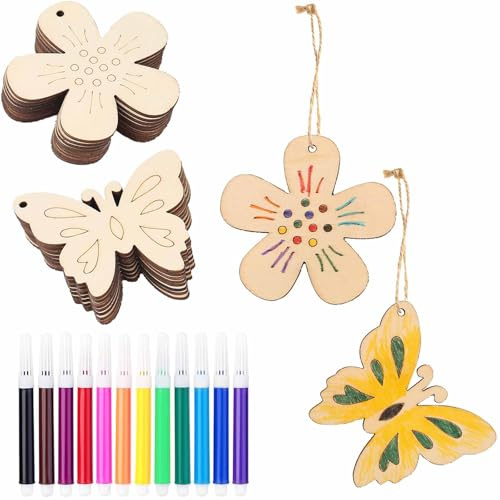 HERZONE 52pcs Holz Blumen zum Bemalen mit mit Aquarellstift Frühlingsdeko Anhänger Schmetterlinge blume Holzanhänger Frühlingsanhänger aus Holz zum Aufhängen Fensterdeko (Schmetterling+blumen))