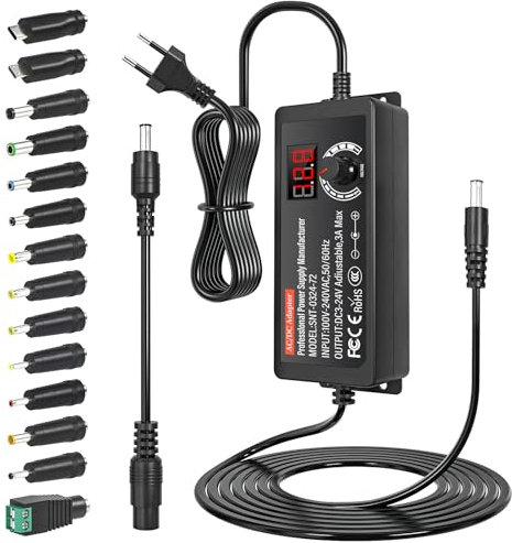 72W Fuente de alimentación Universal Regulable 3V - 24V 3A Adaptador Universal de CA/CC 100V-240V Cargador Universal Portatil con 14 Puntas y convertidor de Polo