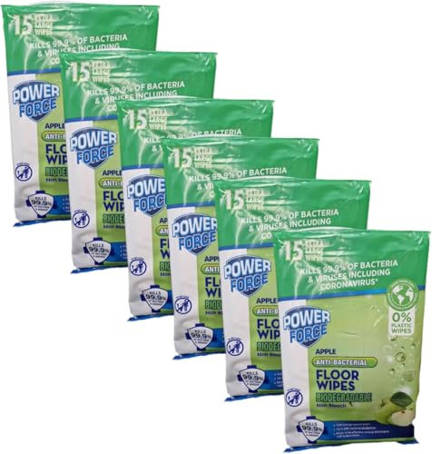 AIdi-POWERFORCE - 15 Extra Large Apple Anti-bacterial Floor Wipes | Biodegradeable | Non Bleach [SIX PACK]