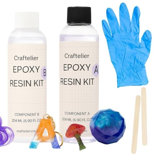 Craftelier Epoxidharz-Set, Bastelset für Erwachsene, mit 2 Dosen à 204 ml, inklusive Zubehör, transparentes Epoxidharz, zum Basteln von Schlüsseln, Schmuck, Tabletts und mehr