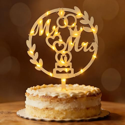 Tortendeko Hochzeit, Seutgjie Hochzeitstorte Deko Mr & Mrs Cake Topper Holz mit LED Lichterkette Tortenstecker Hochzeitsfeier Jubiläum Verlobung