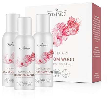 cosiMed Duschschaum Blossom Wood – 3 x 100 ml Set | Luxuriöser Pflegeschaum mit Jasmin, Rose & Sandelholz | Sanfte Reinigung & blumiger Duft | Nachhaltige Verpackung & vegan