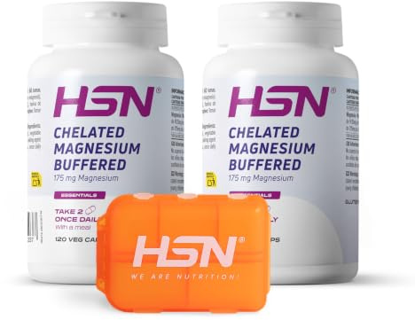 HSN Bisglicinato de Magnesio Tamponado - 175mg Magnesio - 2x120 Caps Vegs | 350mg Magnesio Elemental por Dosis Diaria. El Magnesio contribuye a disminuir el cansancio y fatiga. Vegano Sin Gluten