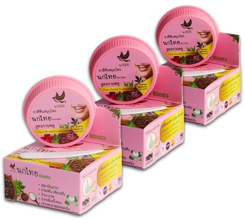 NOKTHAI Nelken Whitening-Zahnpasta Set 3x25g – Konzentrierte Thai Kräuter-Zahncreme ohne Fluorid mit Nelken-Extrakt – Natürliche Aufhellung gegen Verfärbungen – Reisegröße, Sparsam & Ergiebig