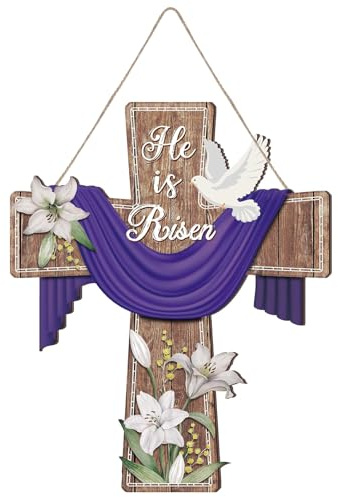 Ostertag hängende Ornamente “He is Risen” Holzschilder,Resurrection Scene Holzschild Tischdeko Ostern Perfekt für Haustür, Wand, Fenster Oster-Geschenk (Lila B, Normal)
