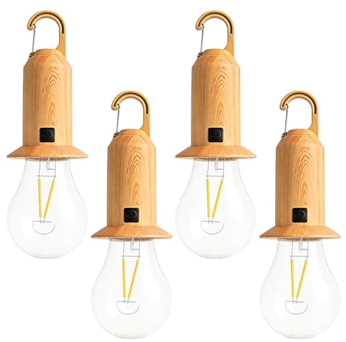 4 Stück LED Campinglampe Aufladbar, LED Camping Laterne mit 3 Helligkeitsmodi, Solar Camping Licht Zeltlampe Glühbirne Mit Haken, Camping lampen, Tragbare Zeltlampe für Abenteuer, Angeln,Notfall