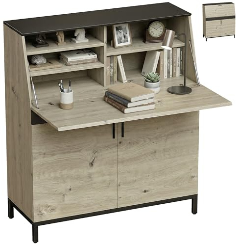 HOMCOM Sekretär-Schreibtisch 100 cm mit Regalen Büro Naturholz+Schwarz | Moderner Industrieller Computertisch, Schrankfach, Bürotisch, für Büro oder Schlafzimmer