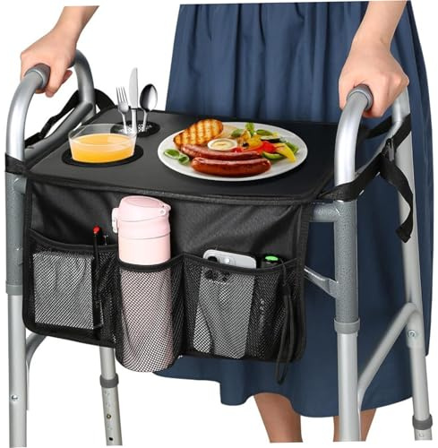 Trays for Walkers, Multifunctional Folding Walker Trays with Multi Pocket & Cup Holder, for Meals, Drinks, Reading