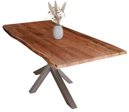 Liadomo Esstisch 140x80 Diala Nuss, Baumkantentisch, Baumkante, Akazie Massivholz Tisch, 35 mm Tischplatte lackiert, Robust & Pflegeleicht, Unikat, Spider-Gestell Metall Silber