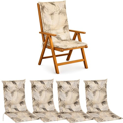 BURI 4X Hochlehner Auflage 117x49x6 cm - wetterfeste Gartenstuhlauflage mit Schaumkern & Vollvlies, Halteband & Bindebänder, bequemes Stuhlpolster für Balkon, Terrasse & Garten (Beige-Blätter)