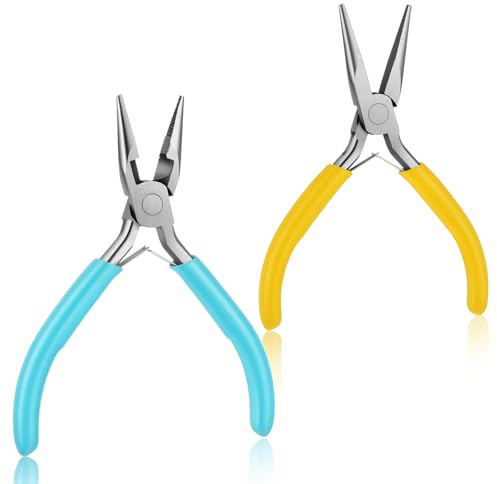 2 Stück Schmuck Zange Set, Lange Spitzzange Mini-Flachzange Aus Edelstahl | für Schmuckherstellung, Drahtwicklung, DIY Handwerk, Perlen, Schmuck, Halskette Reparatur, Gelb Blau