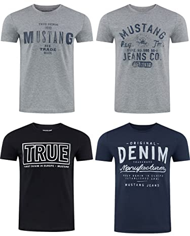 MUSTANG Herren T-Shirt 4er Pack Frontprint O-Neck Rundhalsausschnitt Kurzarm Regular Tee Shirt 100% Baumwolle Schwarz Weiß Grau Blau Grün, Größe:S, Farbe:Farbmix (P14)