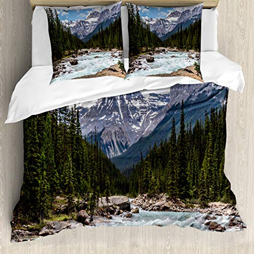 ABAKUHAUS Landschaft Bettbezugs Set Für Doppelbetten, Winter-Tag Alberta, Milbensicher Allergiker geeignet mit Kissenbezügen, Grün Mehrfarbig