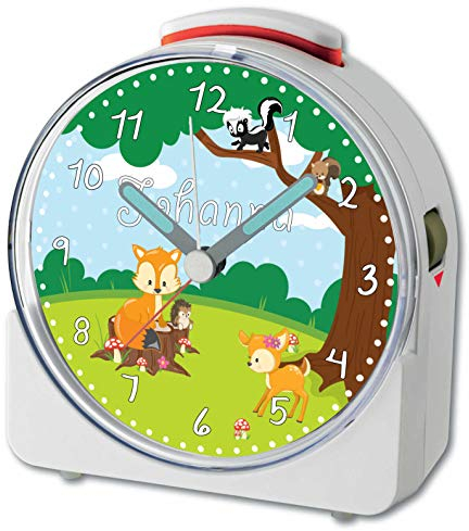 CreaDesign, WU-71-1042, Waldtiere, analog Kinderwecker weiß, Funkwecker mit Sweep-Uhrwerk und fluoreszierenden Zeiger und Licht, personlisiert mit Namen, 10,2 x 4,6 x 11 cm