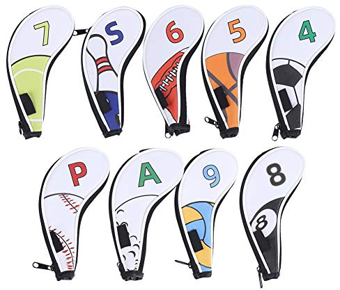 Keenso Club Iron Cover,9Pcs Number Tag Iron Head Covers Sleeve Digital Zipper Sport Pattern Protective PU Waterproof