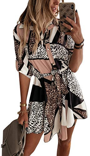 Women's Dress Long Sleeves Leopard Printed Elegant Shirt Button with Belt Office Casual Ceremony Wear Summer Dress (Multicolour, L)