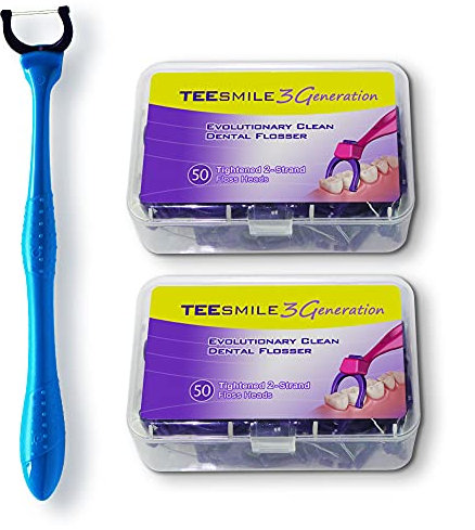 Porte-fil dentaire propre évolutif T.Smile, 100 têtes de rechange resserrées à 2 brins + 1 support long